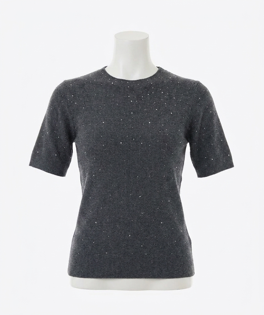 NEW ESQUALO tessina rib short sleeve studs top in dark grey melange